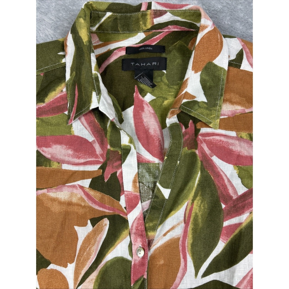 Tahari 100% Linen Womens 1X Blouse Full Button‎ Roll Tab Green Brown Floral Plus